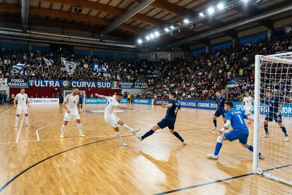 Partita di UEFA Futsal Champions League in un palazzetto europeo con spalti pieni