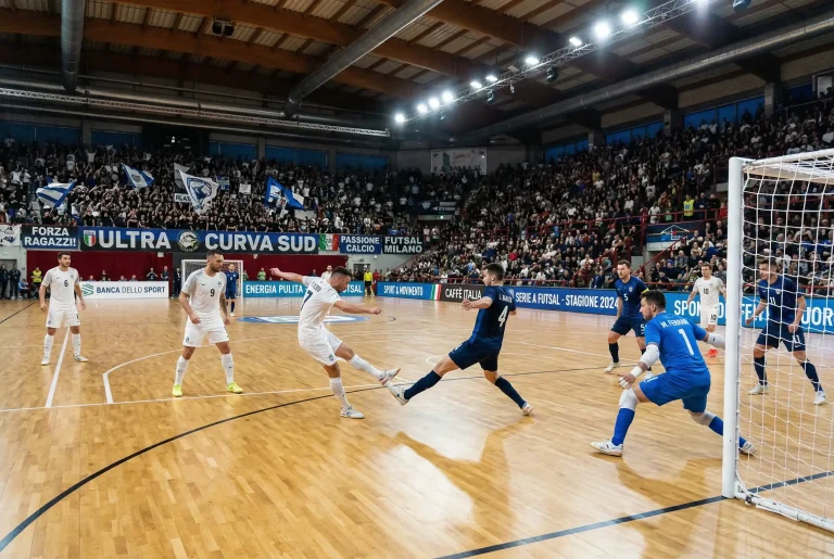 Partita di UEFA Futsal Champions League in un palazzetto europeo con spalti pieni