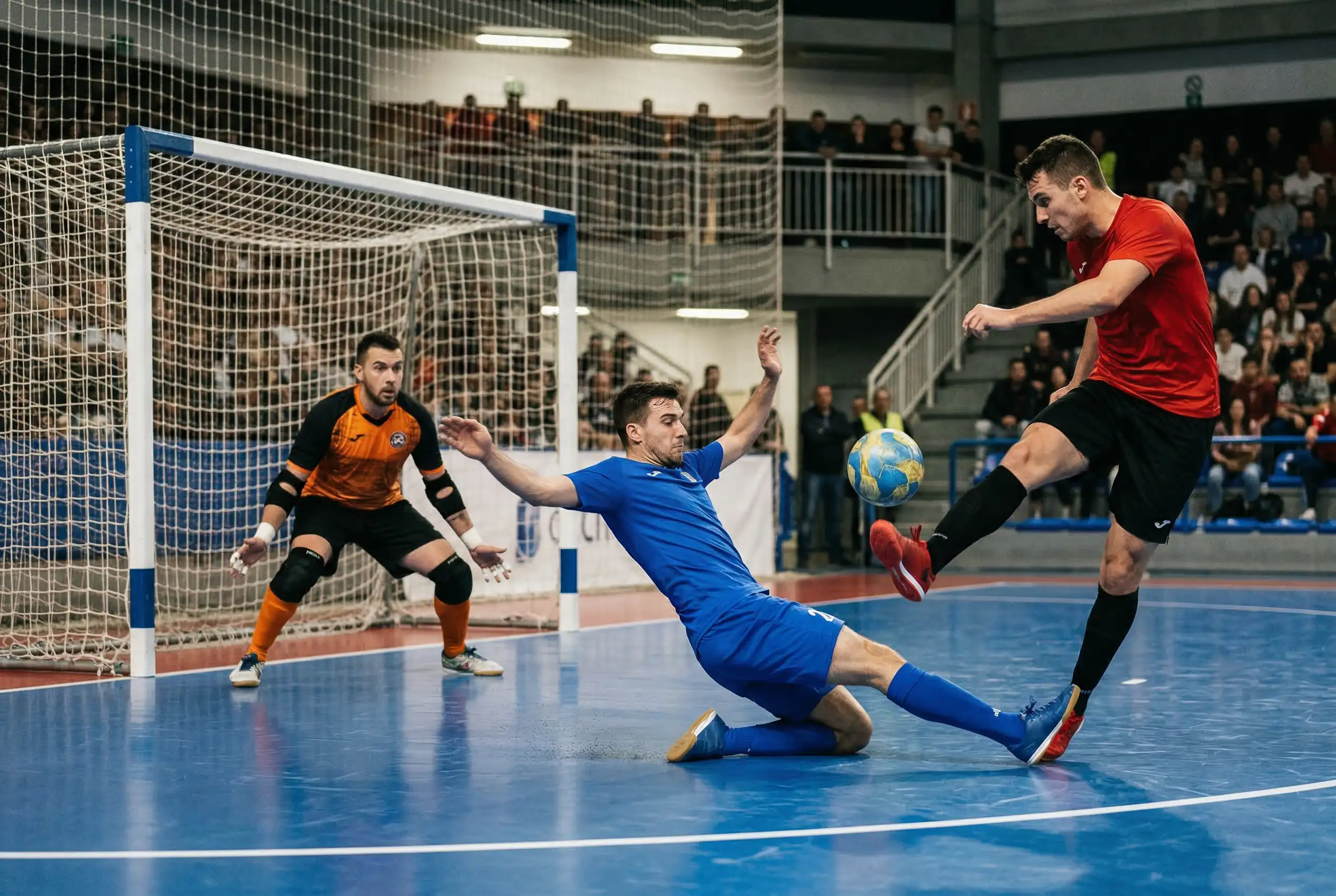 Azione di gioco durante una partita di calcio a 5 con giocatori in contrasto vicino alla porta