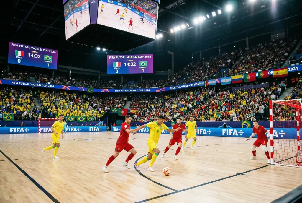 Scena di una partita della FIFA Futsal World Cup in un grande palazzetto con bandiere nazionali