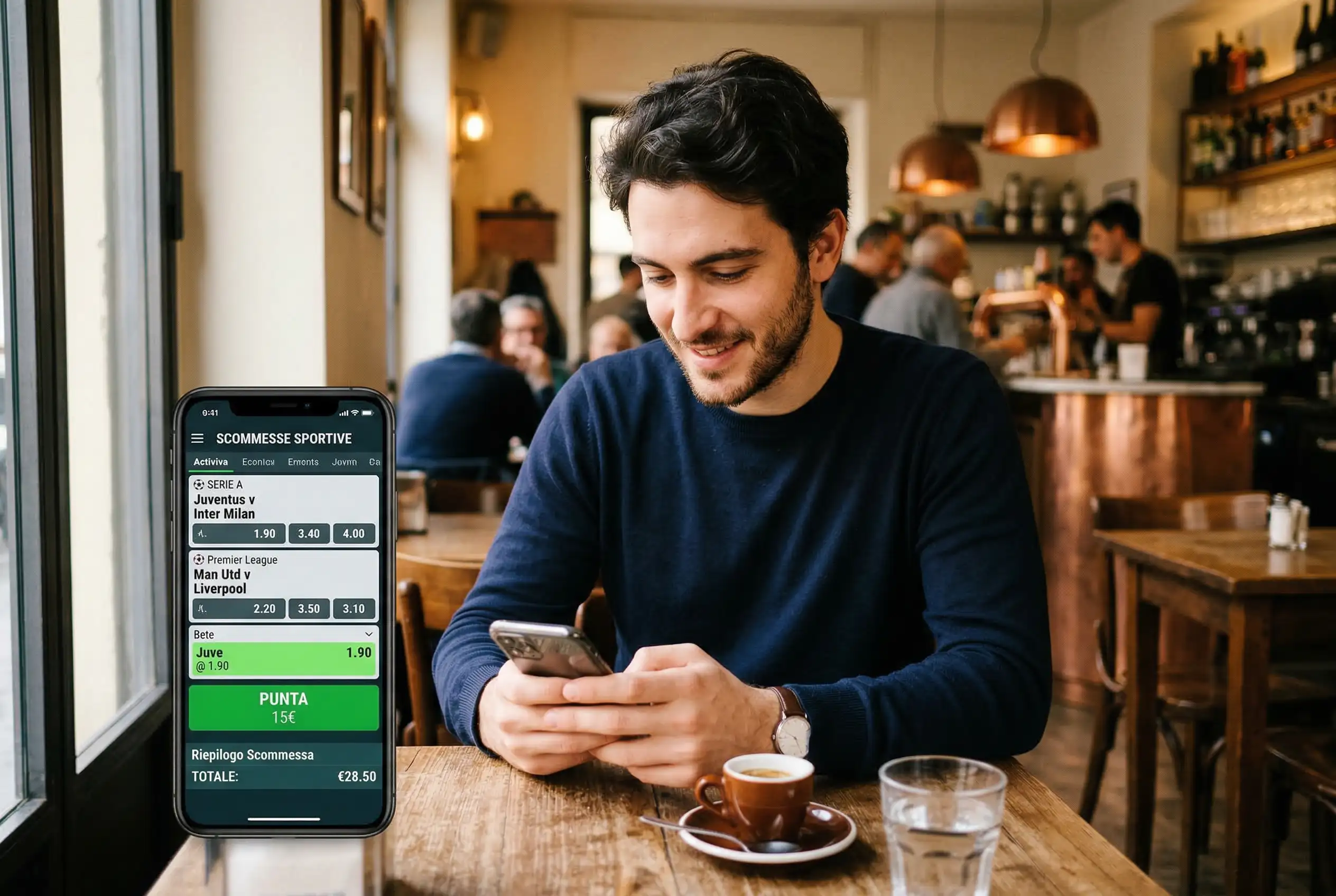 Giovane scommettitore italiano consulta il palinsesto calcio a 5 su smartphone