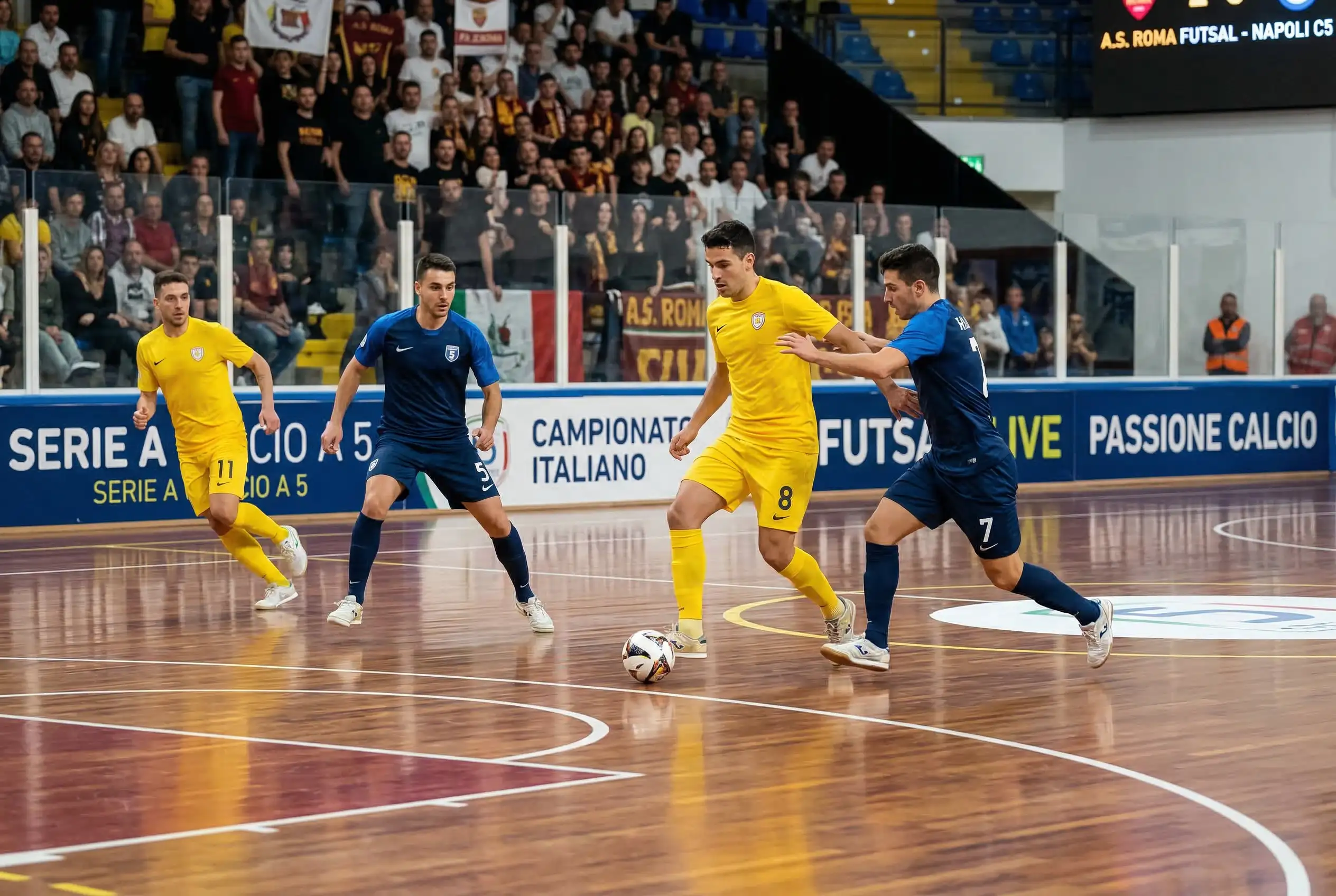 Giocatori di calcio a 5 della Serie A italiana in azione sul parquet durante una partita ufficiale