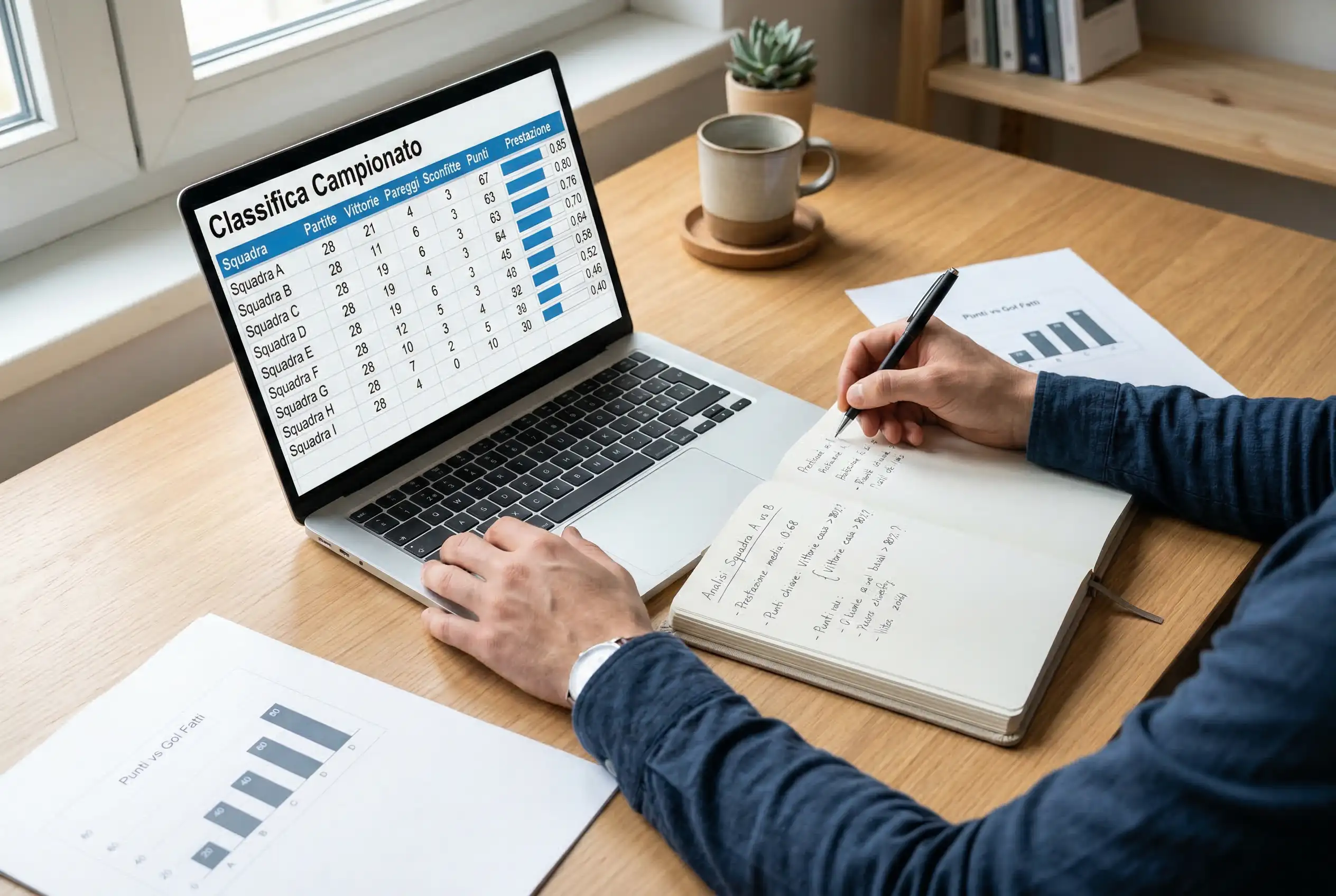 Analista sportivo studia statistiche e dati di una partita di futsal su un notebook